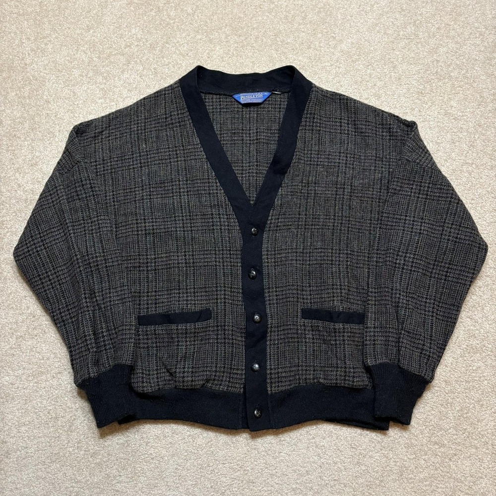 Vtg Pendleton Cardigan Sweater Men's XL Gray Plaid Wool Knit Grandpa Indie 90s